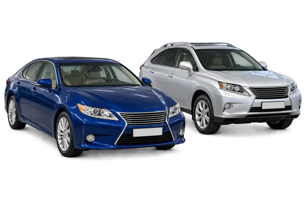 Седан и кроссовер Lexus рядом с рабочими местами мастерской